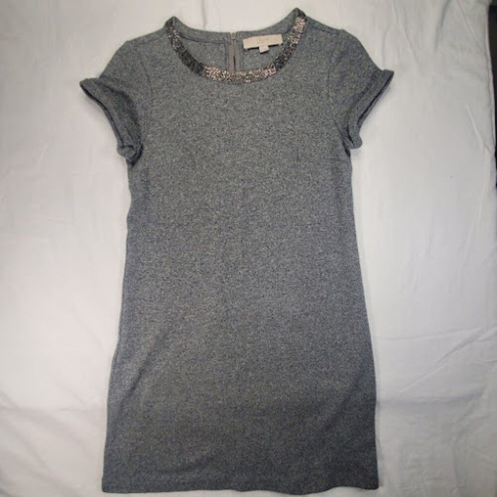 LOFT Gray Cap Sleeve Sheath Dress, Silver Bead Collar Detail, Size XS